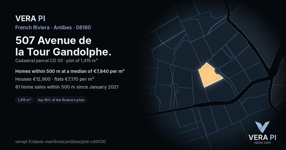 507 Avenue de la Tour Gandolphe, Antibes at night – the plot lit, the parcels around coloured by the prices near them
