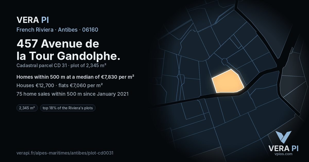 457 Avenue de la Tour Gandolphe, Antibes at night – the plot lit, the parcels around coloured by the prices near them
