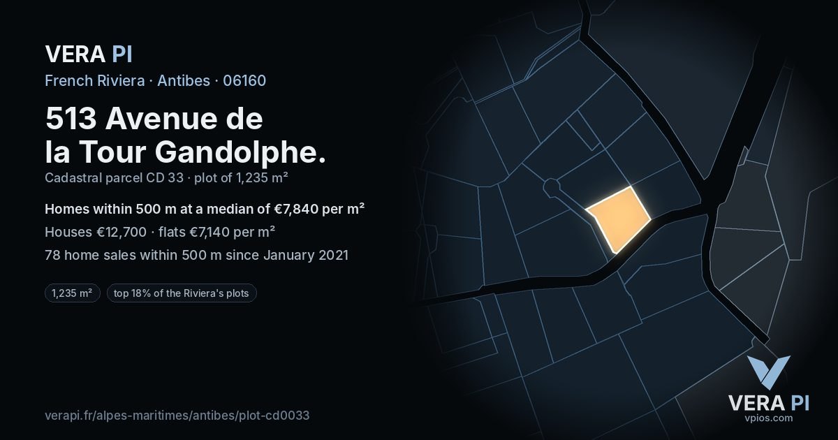 513 Avenue de la Tour Gandolphe, Antibes at night – the plot lit, the parcels around coloured by the prices near them