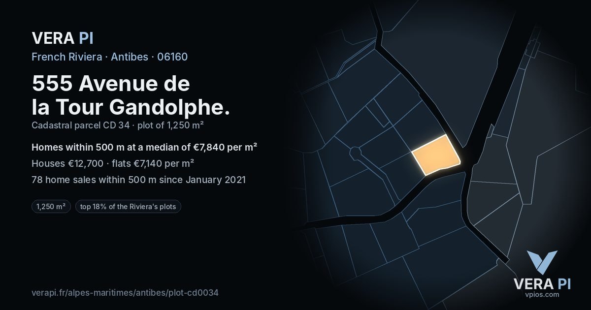 555 Avenue de la Tour Gandolphe, Antibes at night – the plot lit, the parcels around coloured by the prices near them