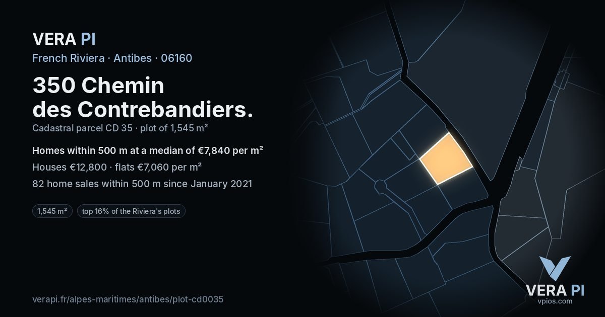 350 Chemin des Contrebandiers, Antibes at night – the plot lit, the parcels around coloured by the prices near them