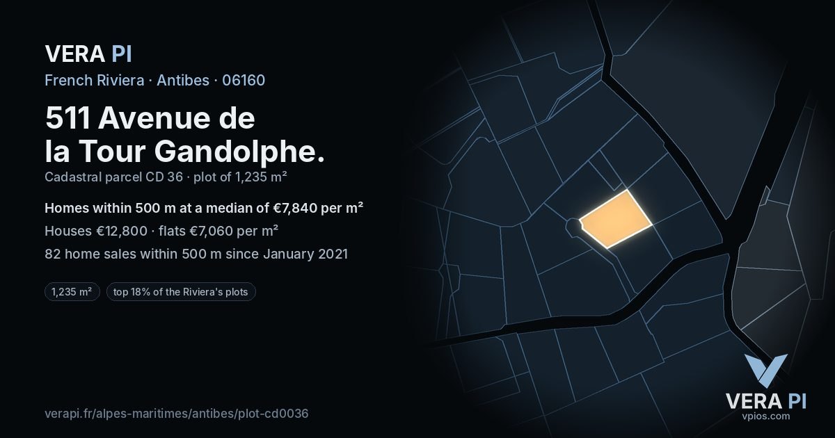 511 Avenue de la Tour Gandolphe, Antibes at night – the plot lit, the parcels around coloured by the prices near them