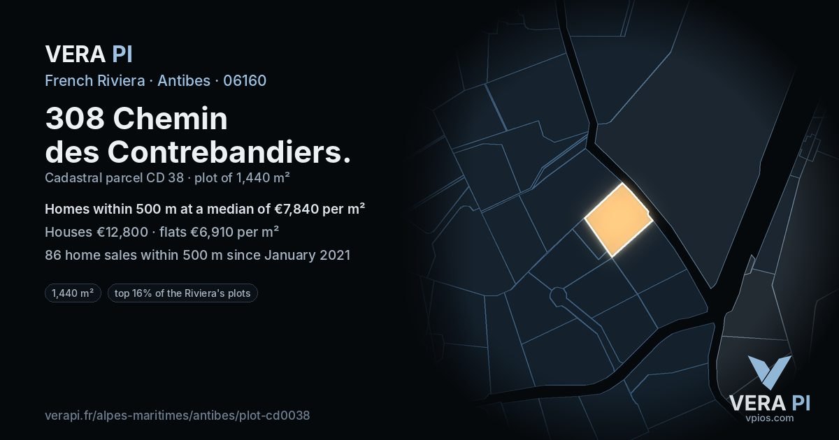 308 Chemin des Contrebandiers, Antibes at night – the plot lit, the parcels around coloured by the prices near them