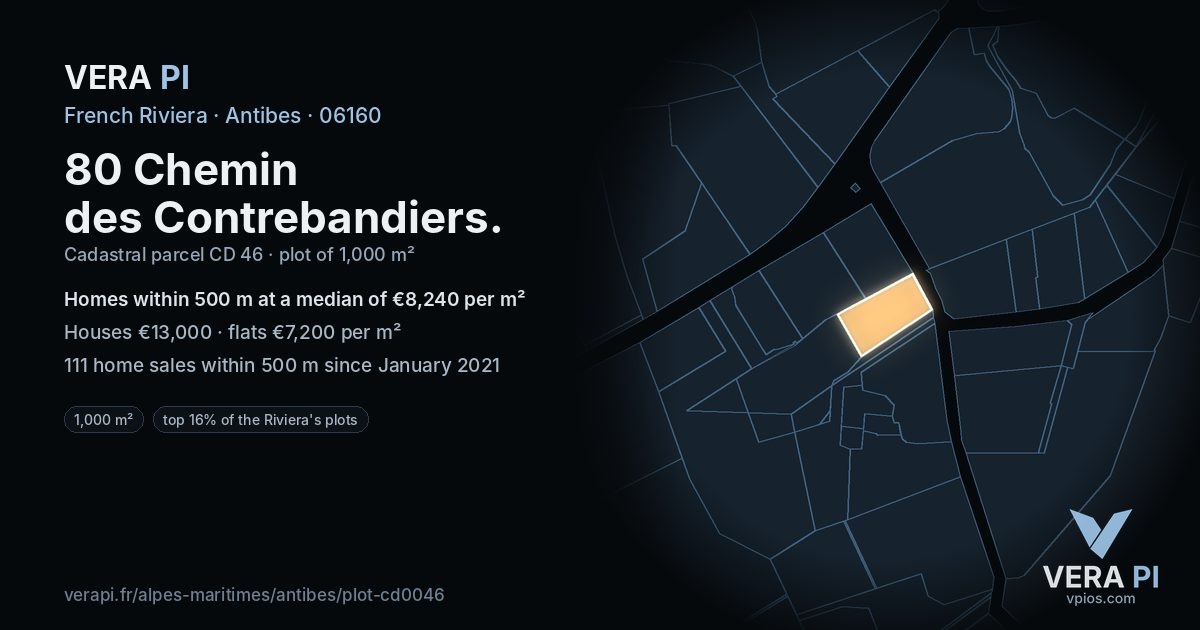 80 Chemin des Contrebandiers, Antibes at night – the plot lit, the parcels around coloured by the prices near them