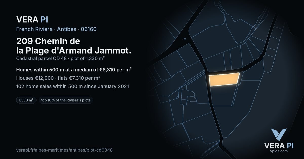 209 Chemin de la Plage d'Armand Jammot, Antibes at night – the plot lit, the parcels around coloured by the prices near them