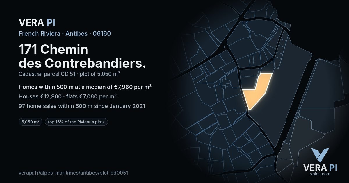 171 Chemin des Contrebandiers, Antibes at night – the plot lit, the parcels around coloured by the prices near them