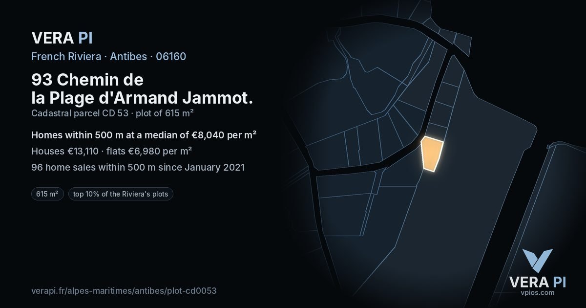 93 Chemin de la Plage d'Armand Jammot, Antibes at night – the plot lit, the parcels around coloured by the prices near them
