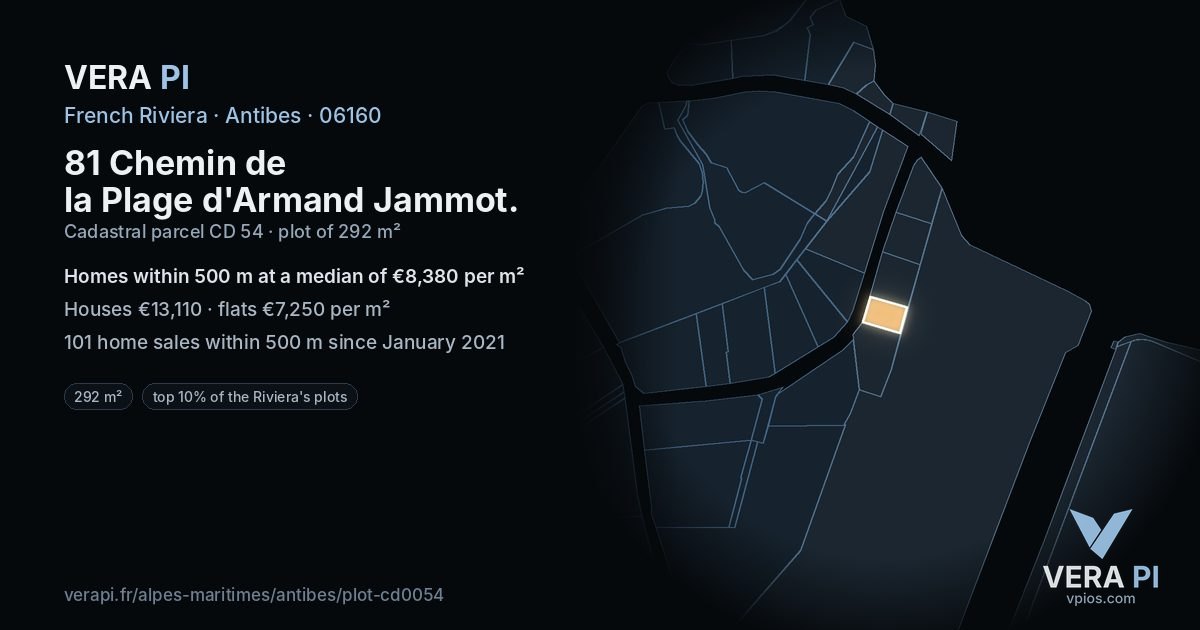 81 Chemin de la Plage d'Armand Jammot, Antibes at night – the plot lit, the parcels around coloured by the prices near them