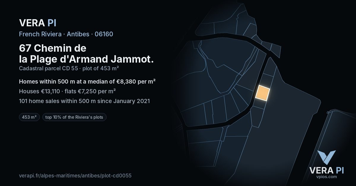 67 Chemin de la Plage d'Armand Jammot, Antibes at night – the plot lit, the parcels around coloured by the prices near them