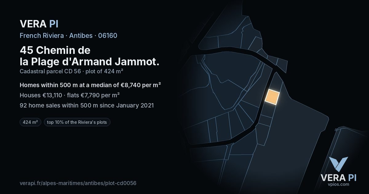 45 Chemin de la Plage d'Armand Jammot, Antibes at night – the plot lit, the parcels around coloured by the prices near them