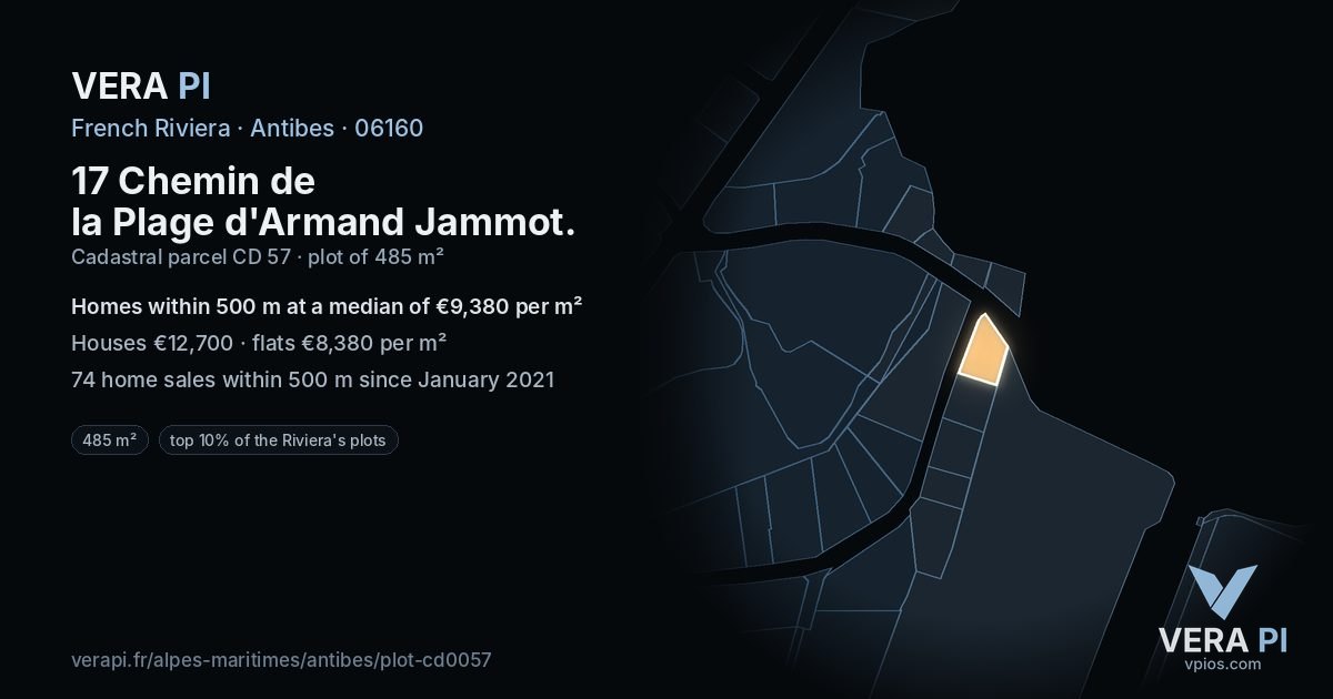 17 Chemin de la Plage d'Armand Jammot, Antibes at night – the plot lit, the parcels around coloured by the prices near them