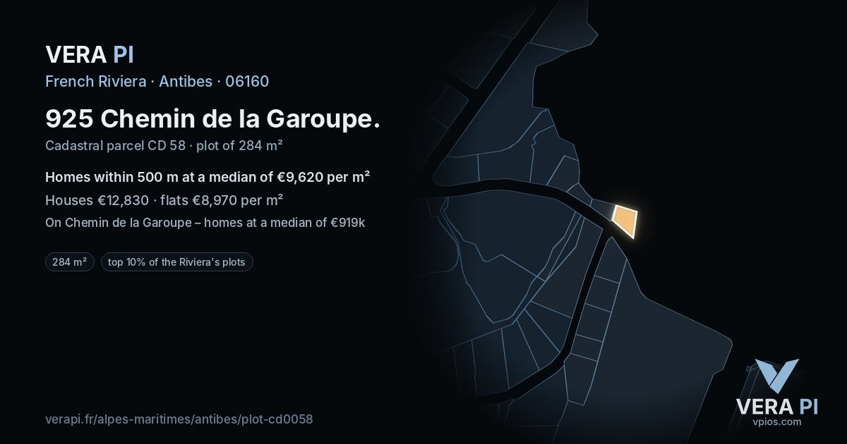 925 Chemin de la Garoupe, Antibes at night – the plot lit, the parcels around coloured by the prices near them