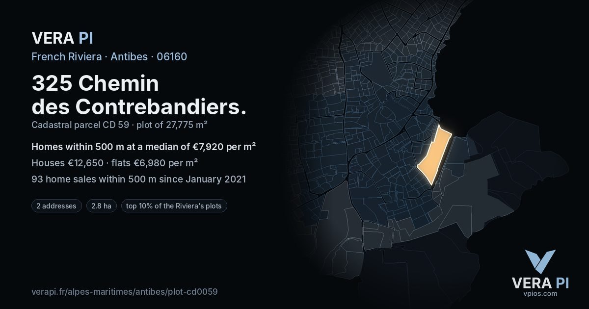 325 Chemin des Contrebandiers, Antibes at night – the plot lit, the parcels around coloured by the prices near them