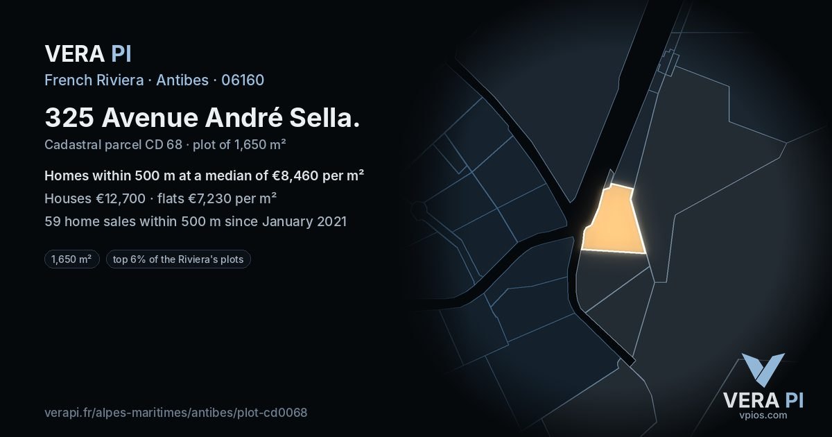 325 Avenue André Sella, Antibes at night – the plot lit, the parcels around coloured by the prices near them