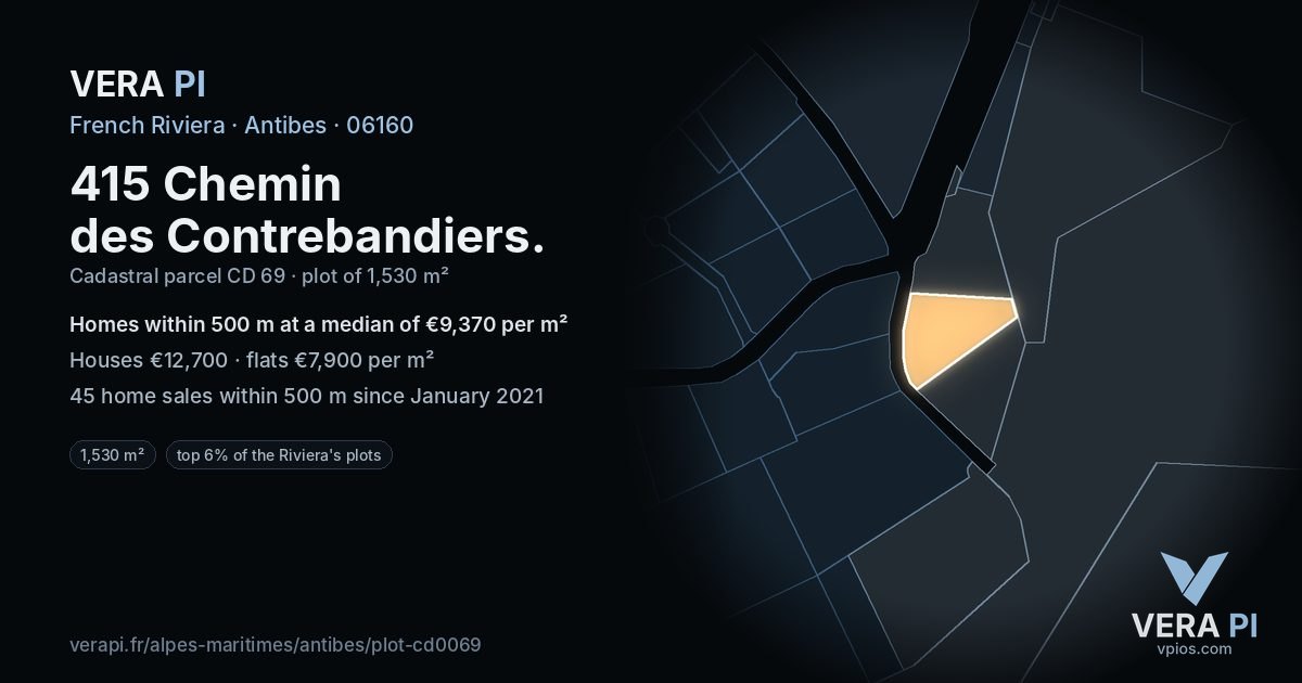 415 Chemin des Contrebandiers, Antibes at night – the plot lit, the parcels around coloured by the prices near them