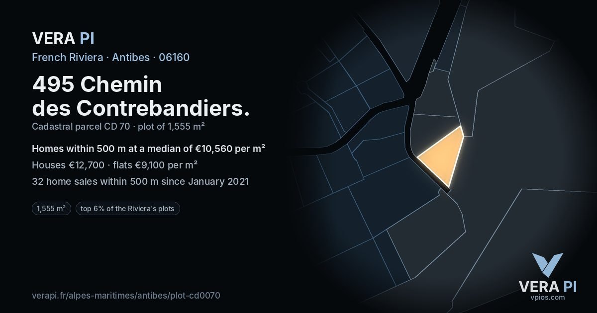 495 Chemin des Contrebandiers, Antibes at night – the plot lit, the parcels around coloured by the prices near them