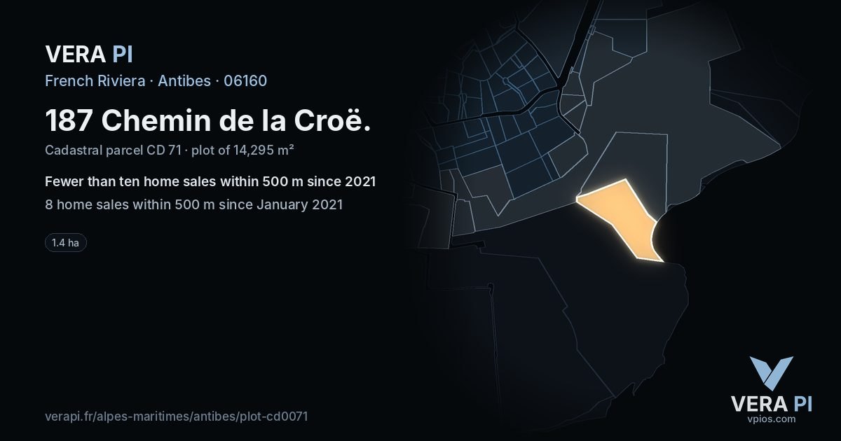 187 Chemin de la Croë, Antibes at night – the plot lit, the parcels around coloured by the prices near them
