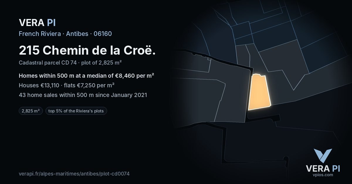 215 Chemin de la Croë, Antibes at night – the plot lit, the parcels around coloured by the prices near them
