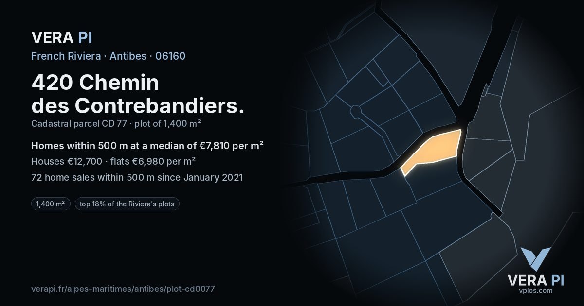 420 Chemin des Contrebandiers, Antibes at night – the plot lit, the parcels around coloured by the prices near them