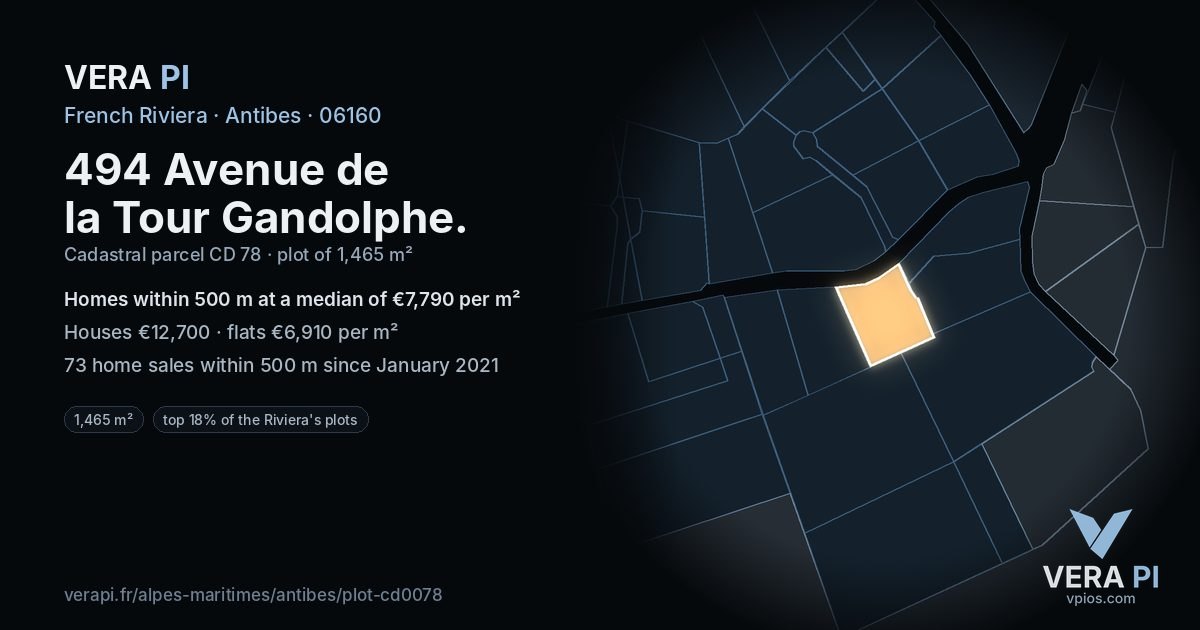 494 Avenue de la Tour Gandolphe, Antibes at night – the plot lit, the parcels around coloured by the prices near them