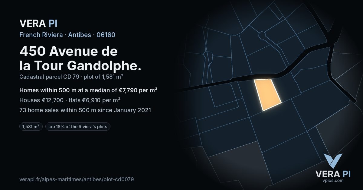 450 Avenue de la Tour Gandolphe, Antibes at night – the plot lit, the parcels around coloured by the prices near them