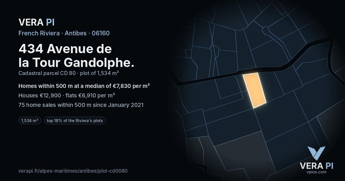 434 Avenue de la Tour Gandolphe, Antibes at night – the plot lit, the parcels around coloured by the prices near them