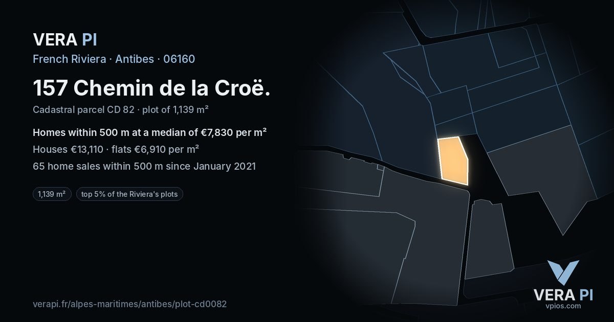 157 Chemin de la Croë, Antibes at night – the plot lit, the parcels around coloured by the prices near them