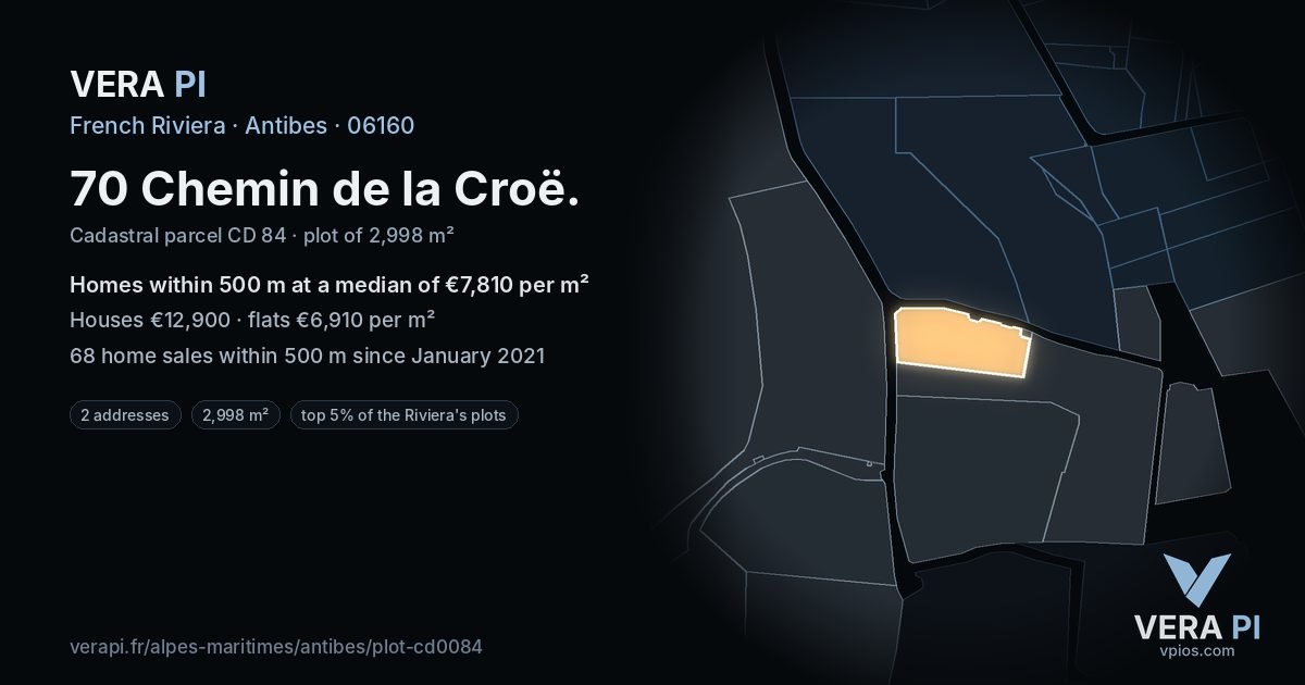 70 Chemin de la Croë, Antibes at night – the plot lit, the parcels around coloured by the prices near them