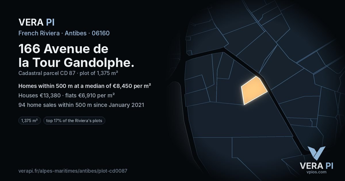 166 Avenue de la Tour Gandolphe, Antibes at night – the plot lit, the parcels around coloured by the prices near them