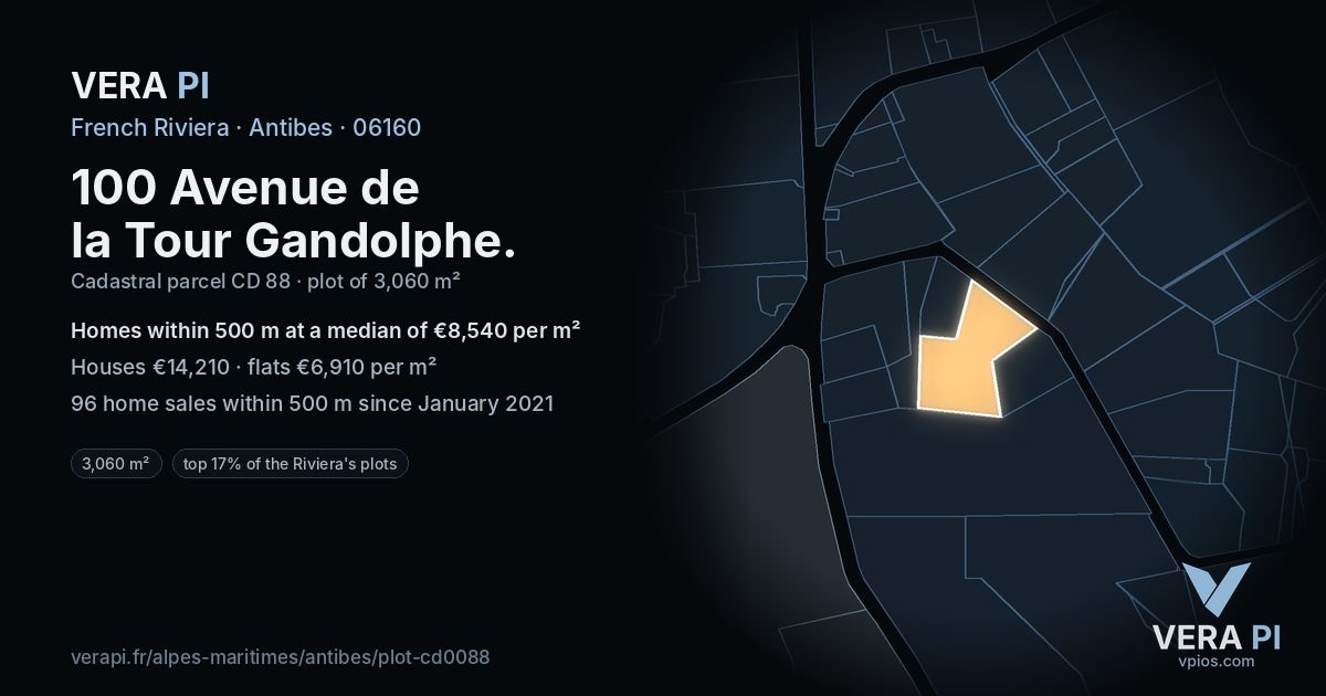 100 Avenue de la Tour Gandolphe, Antibes at night – the plot lit, the parcels around coloured by the prices near them