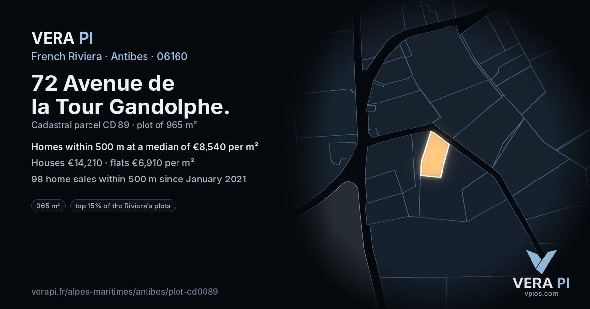 72 Avenue de la Tour Gandolphe, Antibes at night – the plot lit, the parcels around coloured by the prices near them