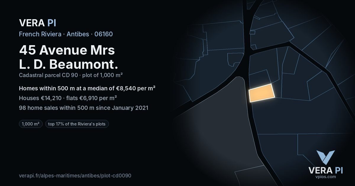 45 Avenue Mrs L. D. Beaumont, Antibes at night – the plot lit, the parcels around coloured by the prices near them