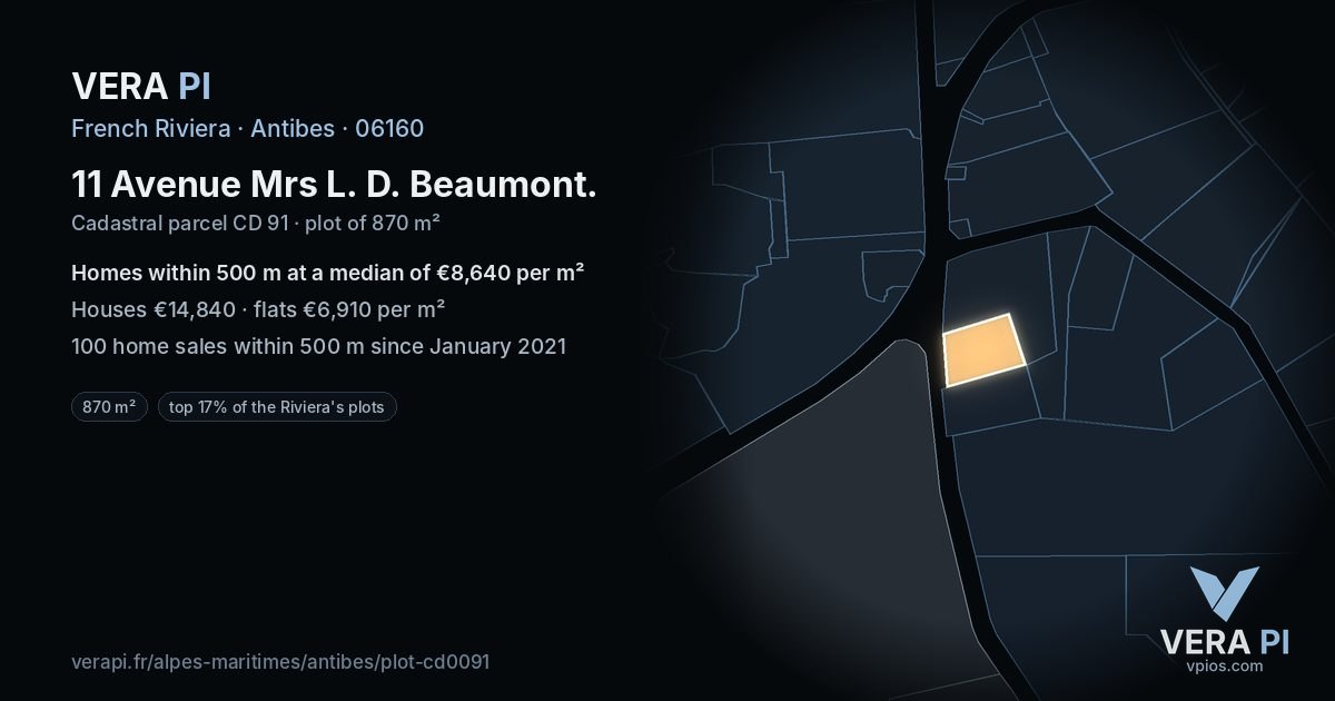 11 Avenue Mrs L. D. Beaumont, Antibes at night – the plot lit, the parcels around coloured by the prices near them
