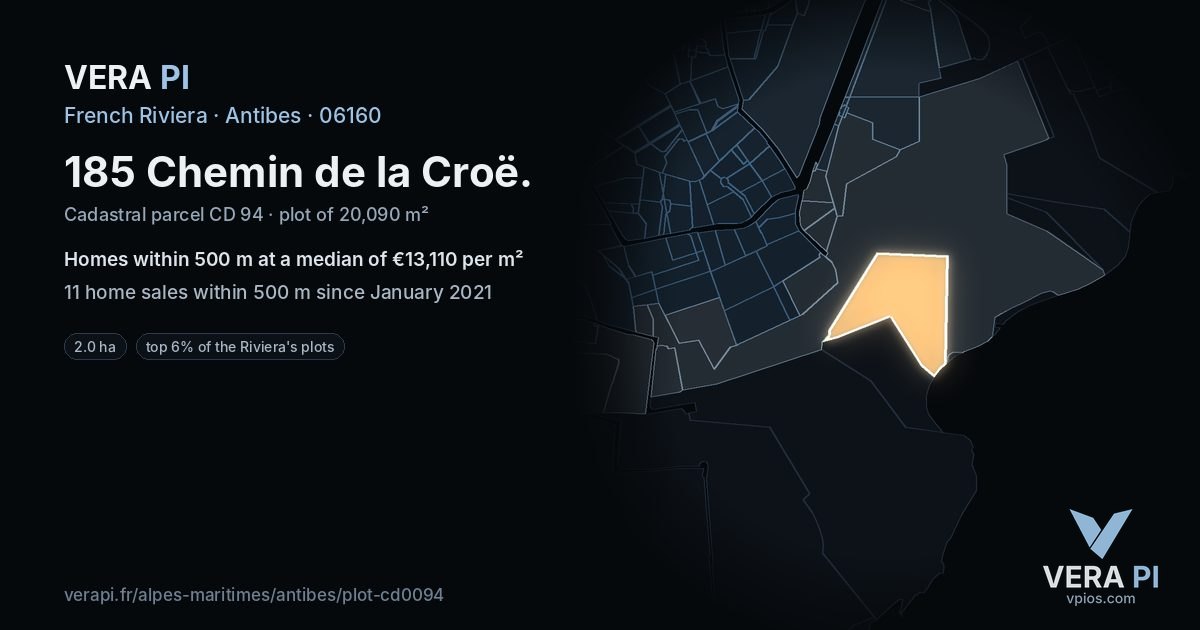 185 Chemin de la Croë, Antibes at night – the plot lit, the parcels around coloured by the prices near them