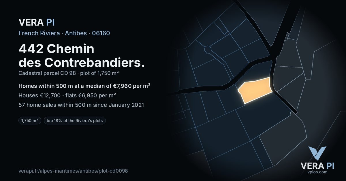 442 Chemin des Contrebandiers, Antibes at night – the plot lit, the parcels around coloured by the prices near them