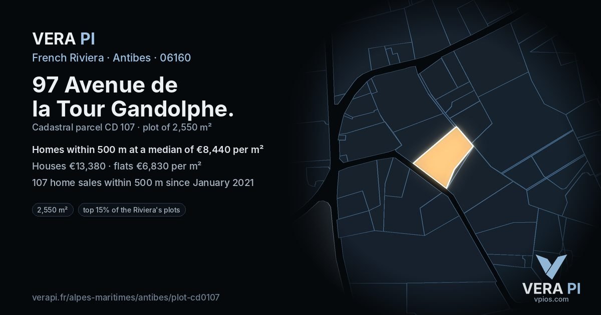 97 Avenue de la Tour Gandolphe, Antibes at night – the plot lit, the parcels around coloured by the prices near them