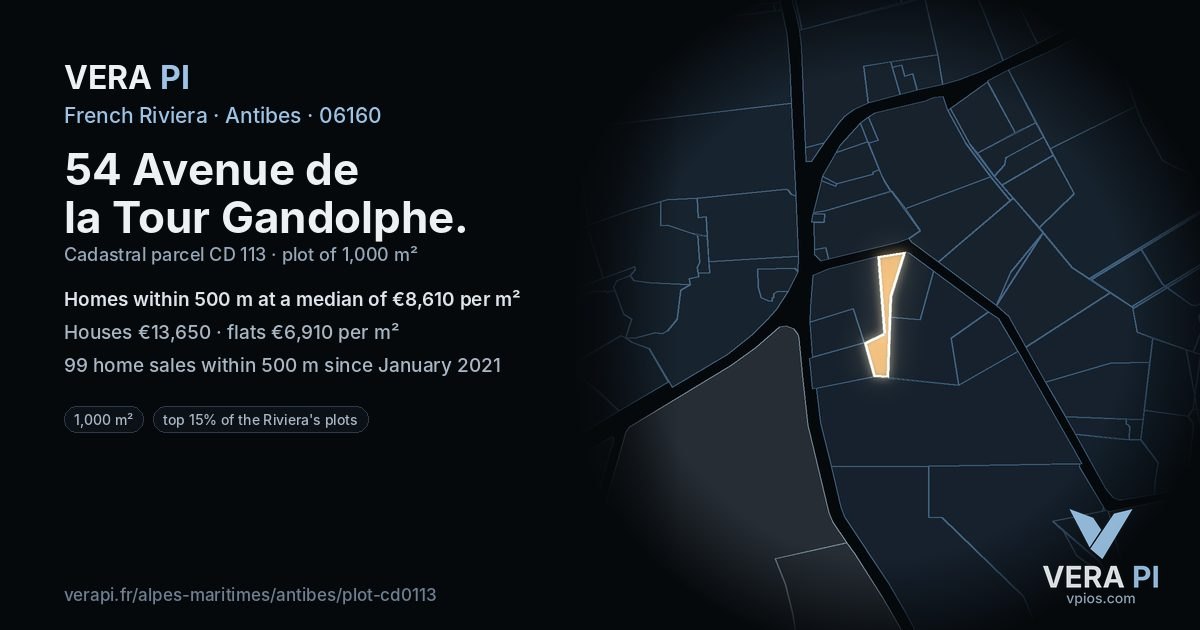 54 Avenue de la Tour Gandolphe, Antibes at night – the plot lit, the parcels around coloured by the prices near them