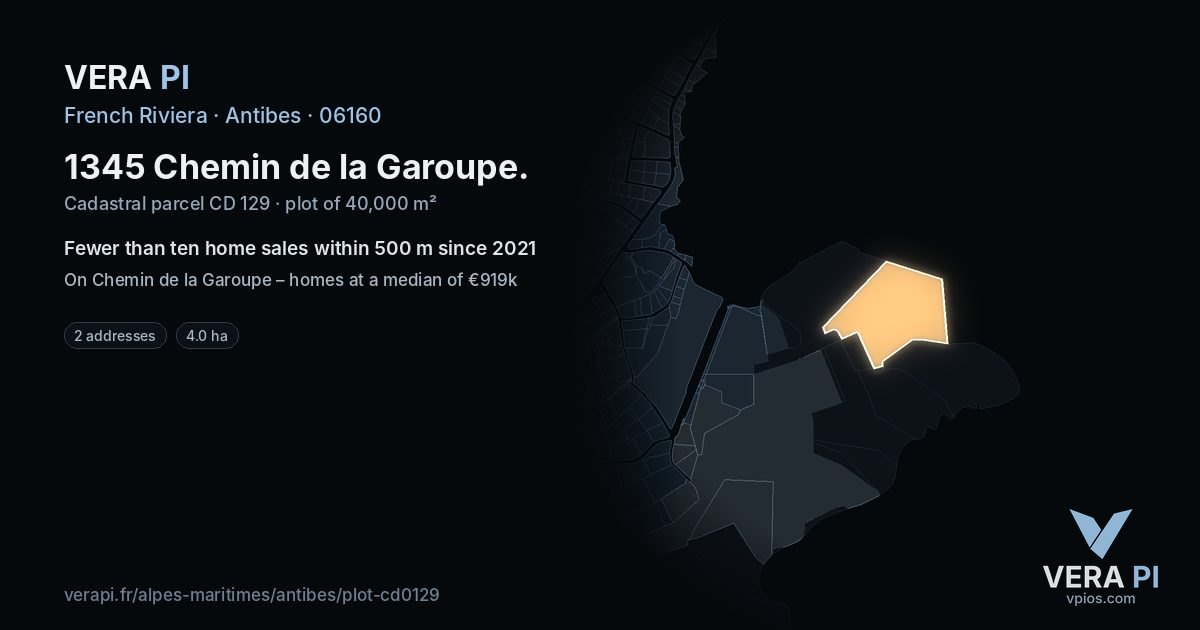 1345 Chemin de la Garoupe, Antibes at night – the plot lit, the parcels around coloured by the prices near them