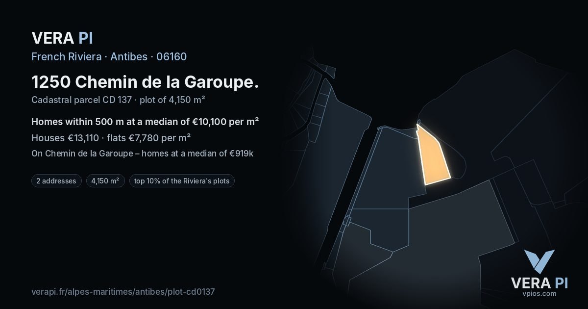 1250 Chemin de la Garoupe, Antibes at night – the plot lit, the parcels around coloured by the prices near them