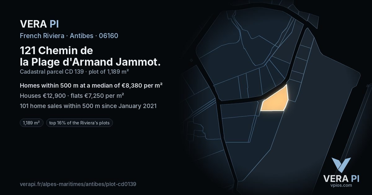 121 Chemin de la Plage d'Armand Jammot, Antibes at night – the plot lit, the parcels around coloured by the prices near them