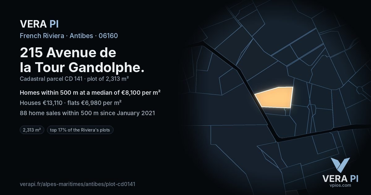 215 Avenue de la Tour Gandolphe, Antibes at night – the plot lit, the parcels around coloured by the prices near them