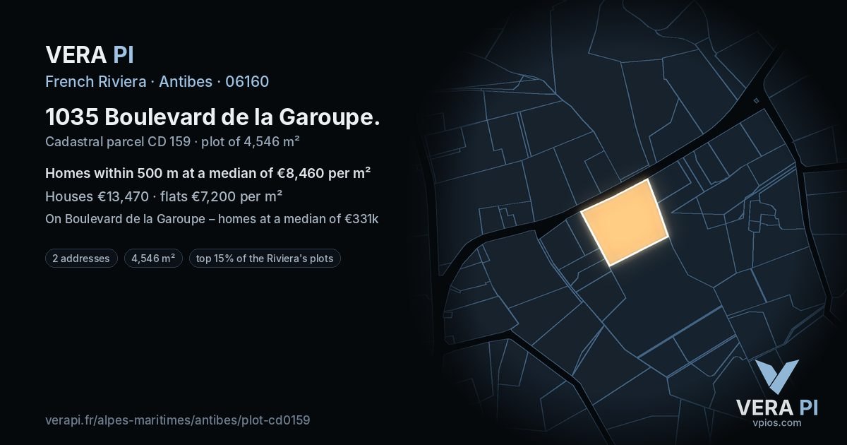 1035 Boulevard de la Garoupe, Antibes at night – the plot lit, the parcels around coloured by the prices near them