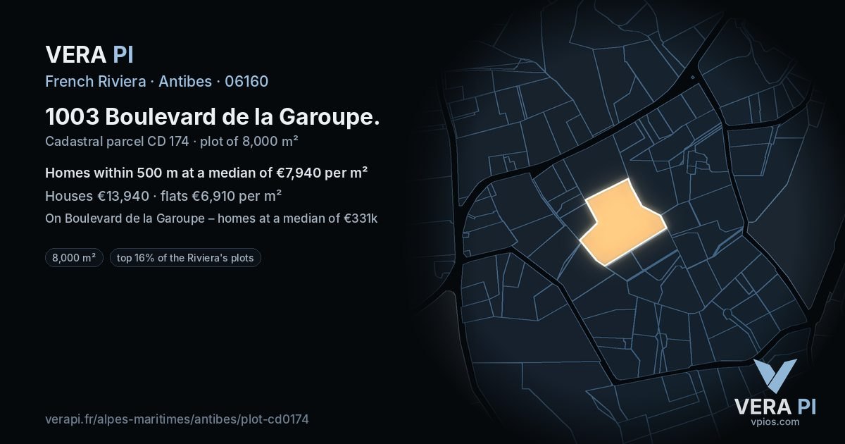 1003 Boulevard de la Garoupe, Antibes at night – the plot lit, the parcels around coloured by the prices near them