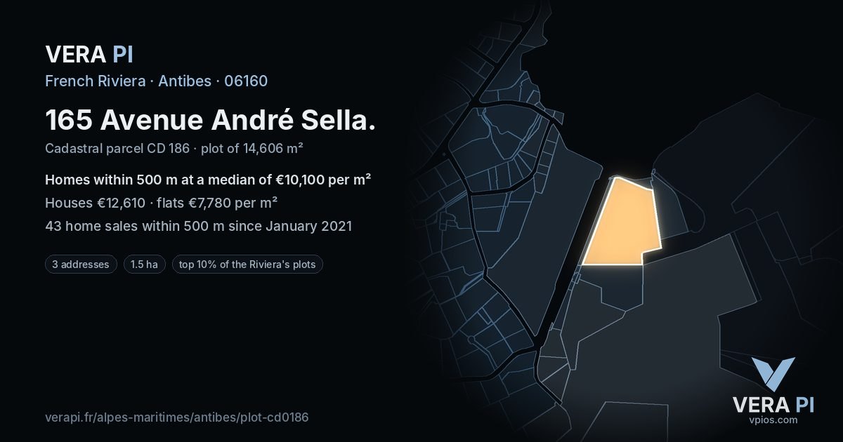 165 Avenue André Sella, Antibes at night – the plot lit, the parcels around coloured by the prices near them