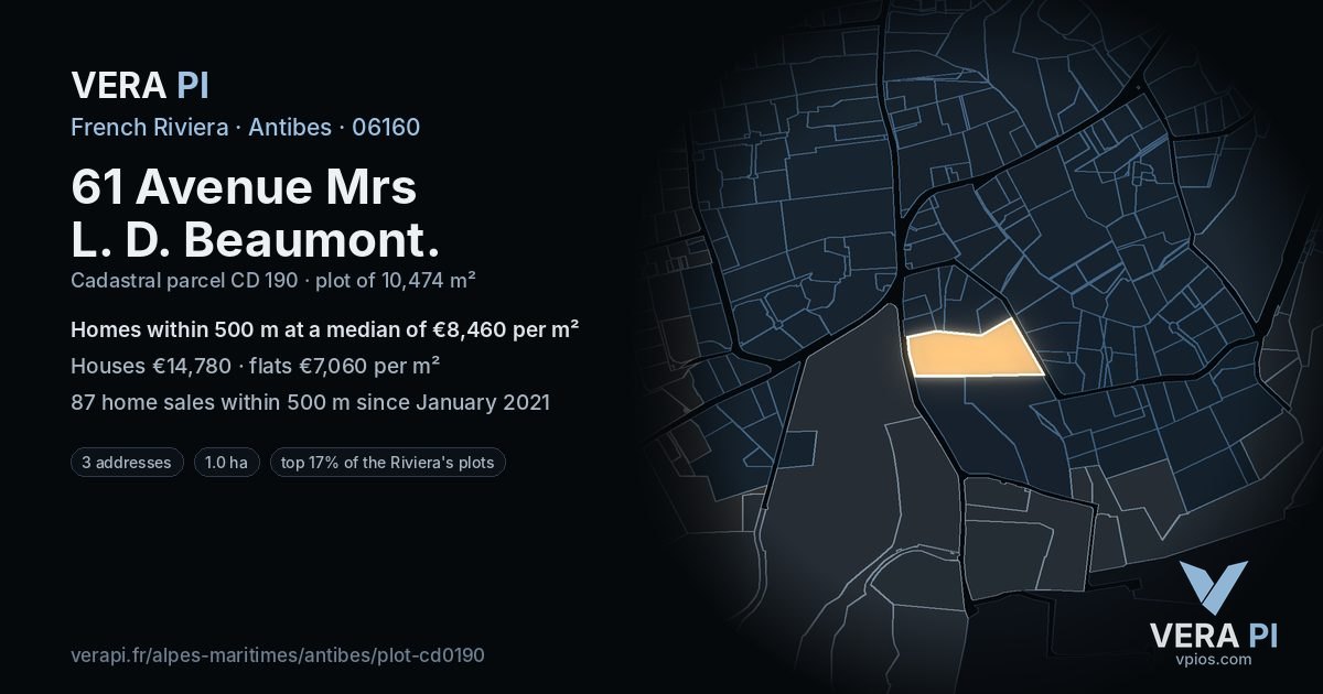 61 Avenue Mrs L. D. Beaumont, Antibes at night – the plot lit, the parcels around coloured by the prices near them