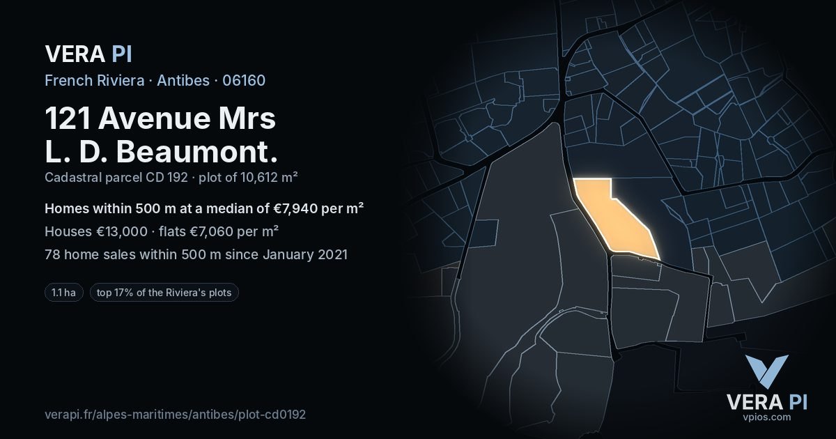 121 Avenue Mrs L. D. Beaumont, Antibes at night – the plot lit, the parcels around coloured by the prices near them
