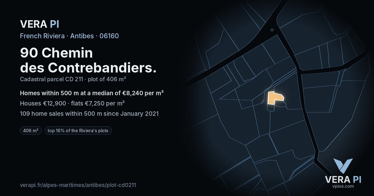 90 Chemin des Contrebandiers, Antibes at night – the plot lit, the parcels around coloured by the prices near them