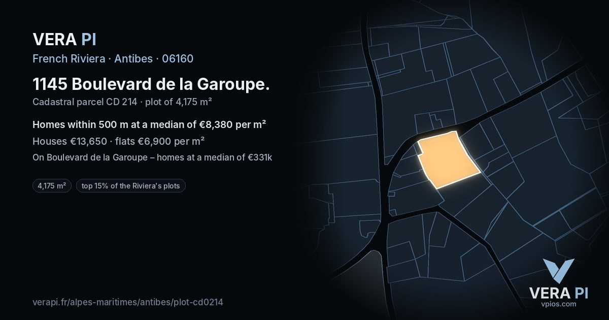 1145 Boulevard de la Garoupe, Antibes at night – the plot lit, the parcels around coloured by the prices near them