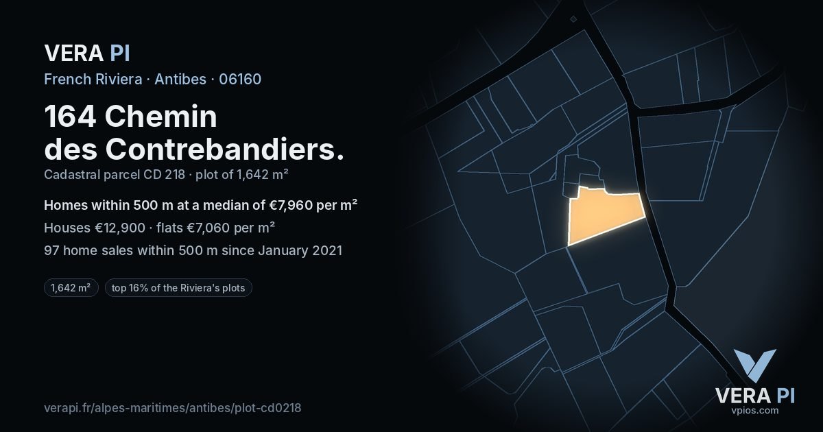 164 Chemin des Contrebandiers, Antibes at night – the plot lit, the parcels around coloured by the prices near them