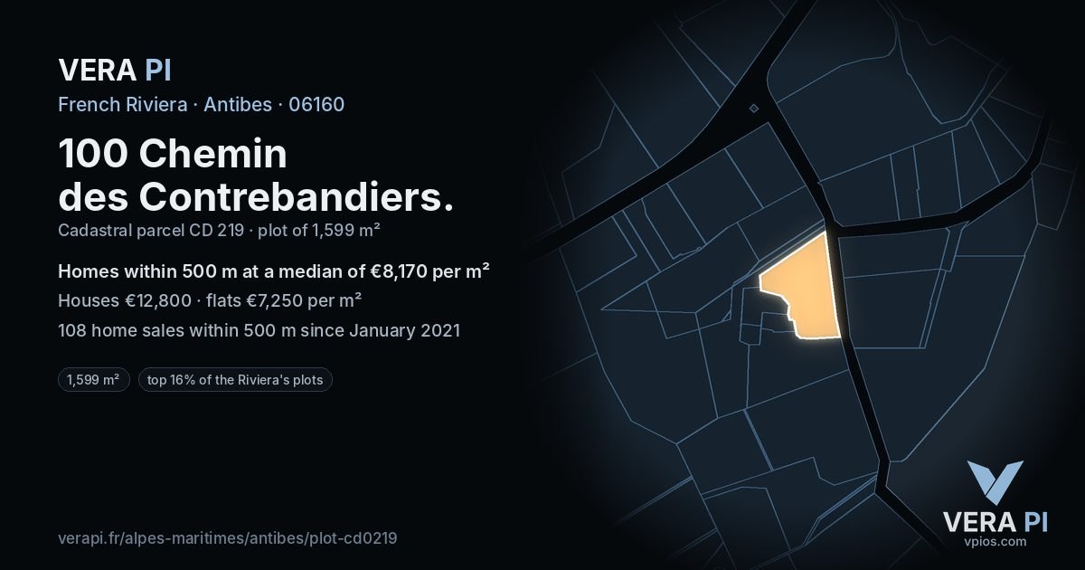 100 Chemin des Contrebandiers, Antibes at night – the plot lit, the parcels around coloured by the prices near them